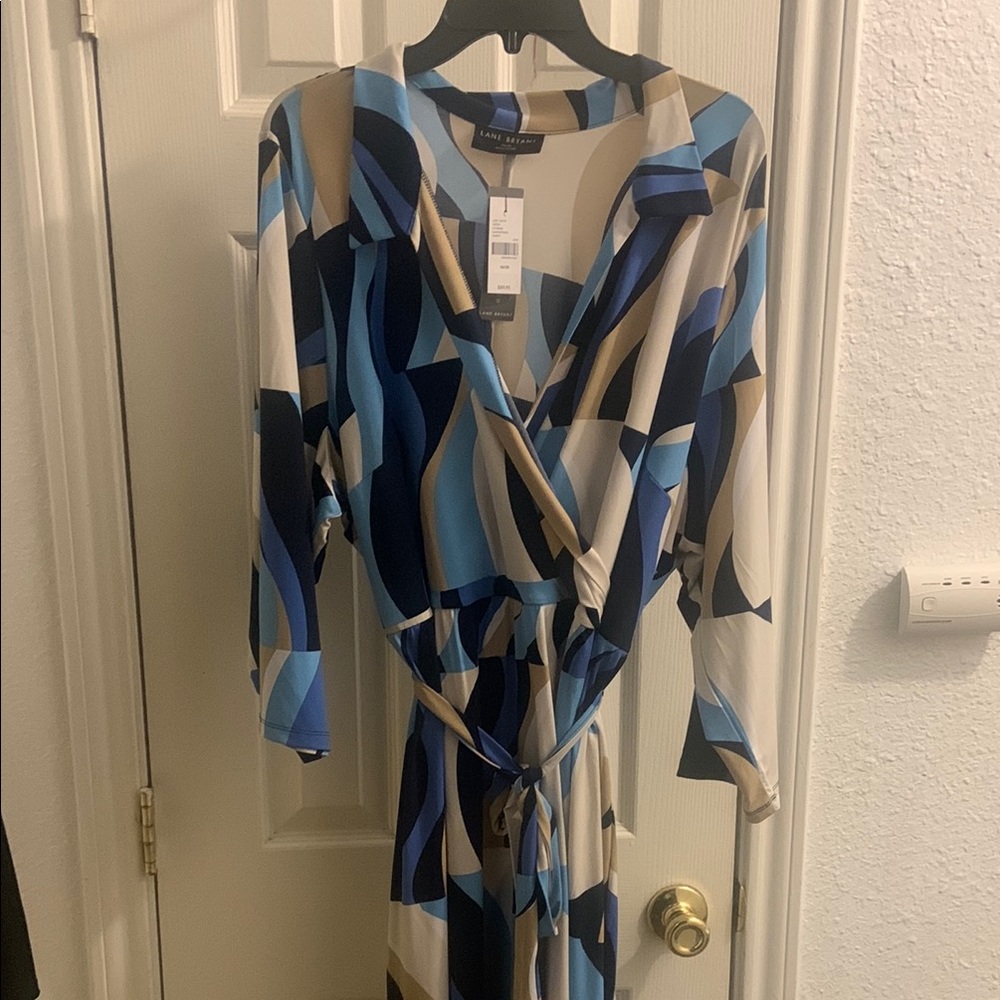 Lane Bryant Blue and Tan Long Sleeve Dress